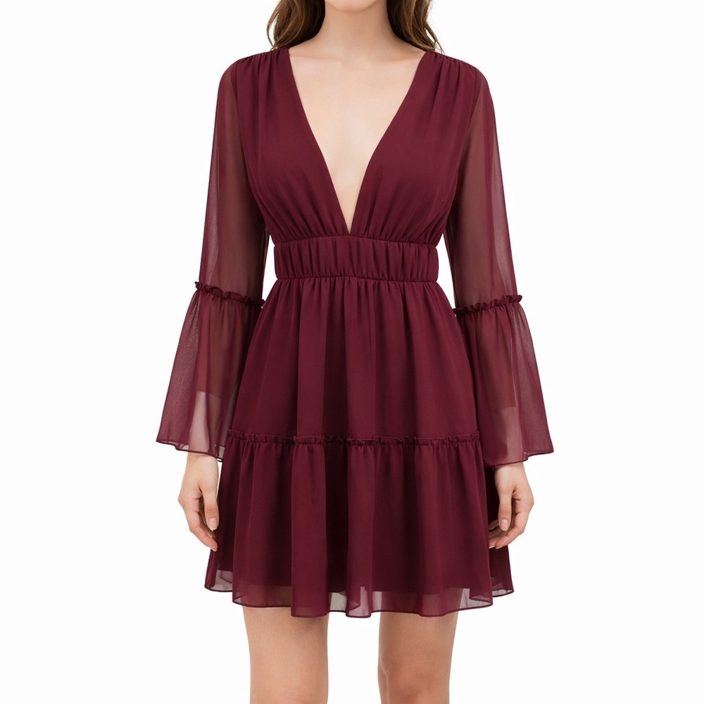 Miss Ord Burgundy Chiffon Mini Dress Size Large Boho Tiered Long Sleeveโ